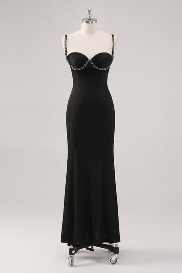 Spaghetti Straps Sheath Long Black Tie Dress